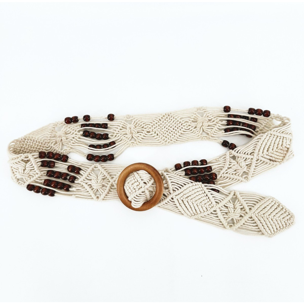 Womens Macrame Wooden Beaded Belt OS Peasant Boho Festival‎ Hippie Retro Ivory